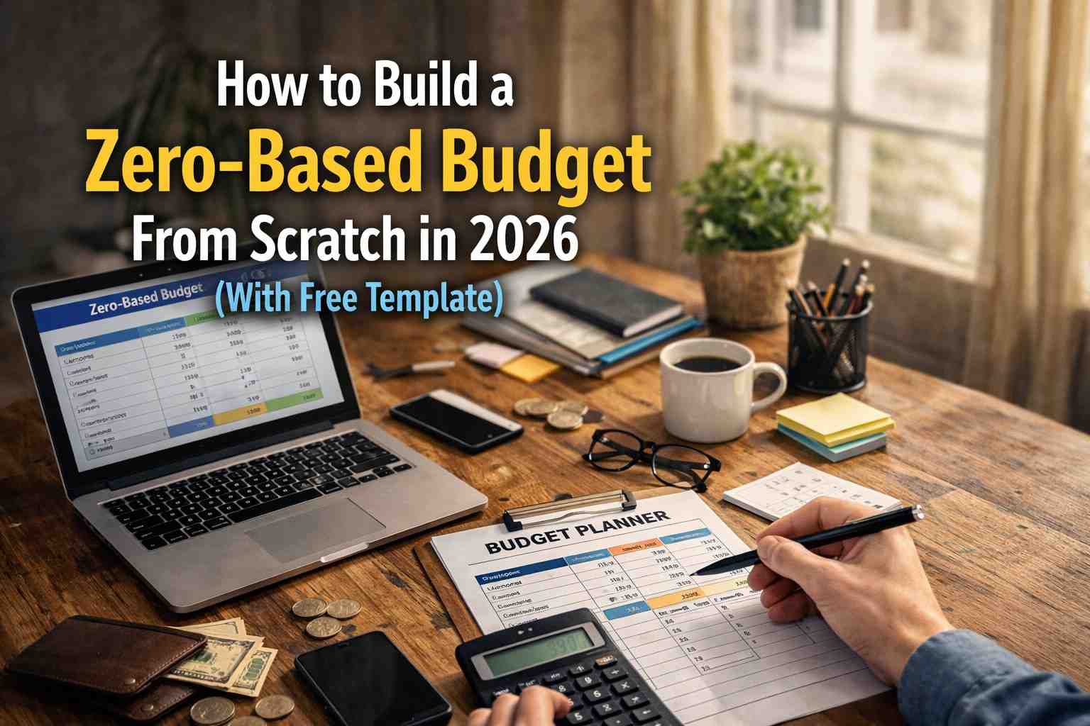 Person creating a zero-based budget on a desk with laptop, calculator and planner in 2026 with free template concept