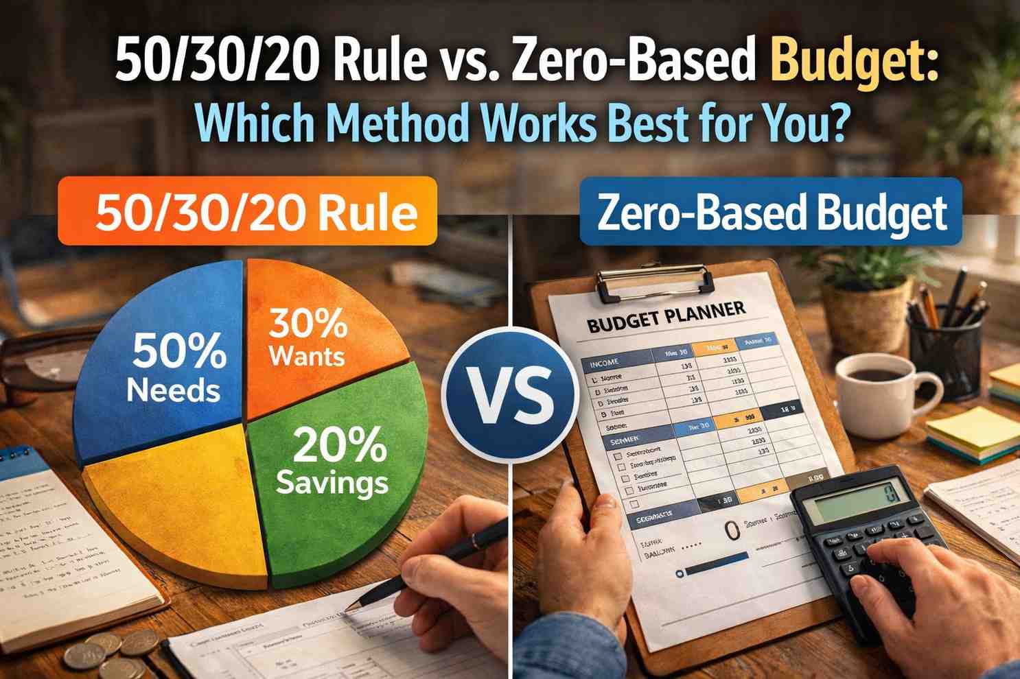 50/30/20 Rule vs. Zero-Based Budget: comparison showing pie chart and budget planner method