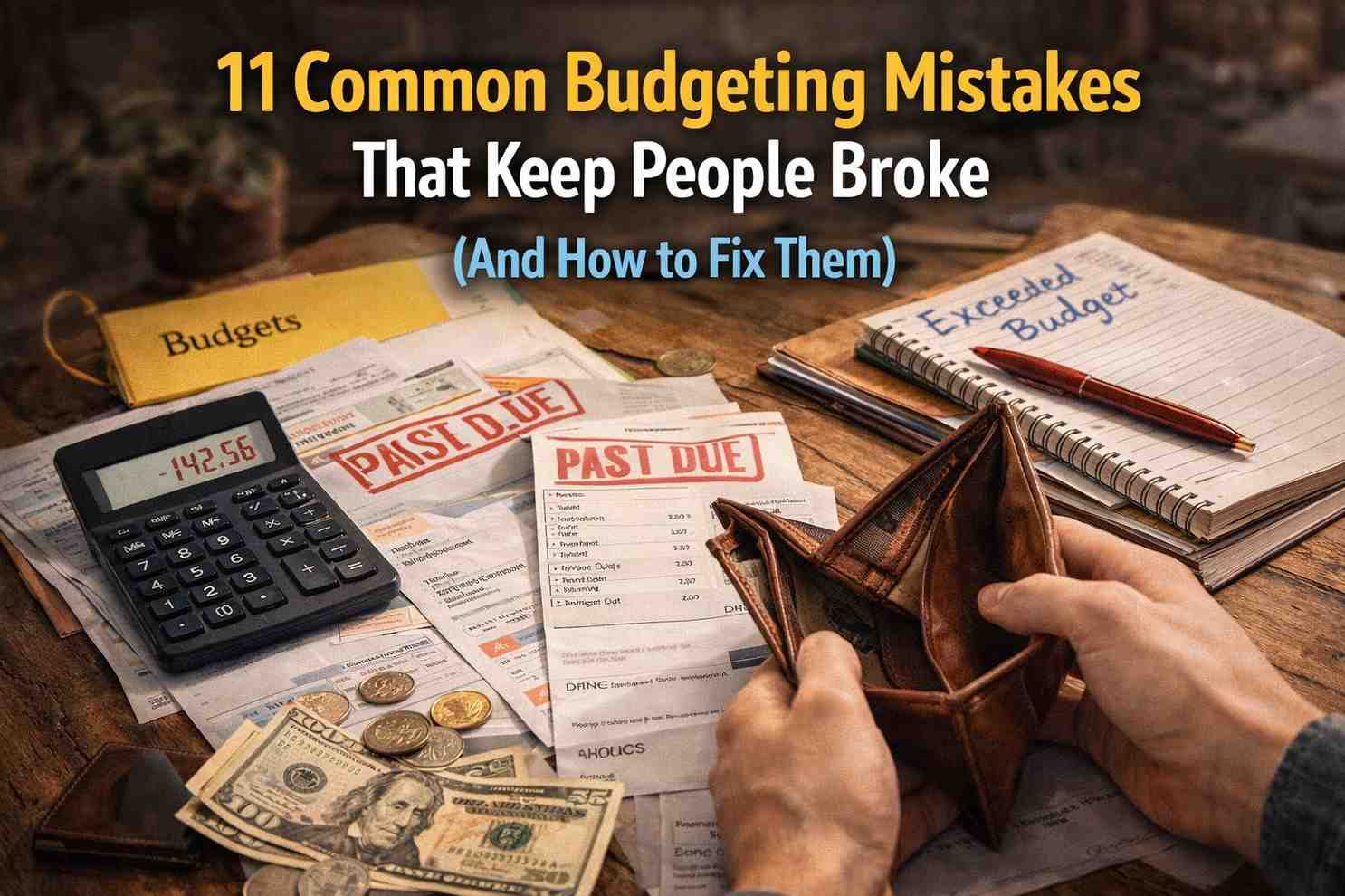 11 common budgeting mistakes that keep people broke and how to fix them with bills, calculator and empty wallet