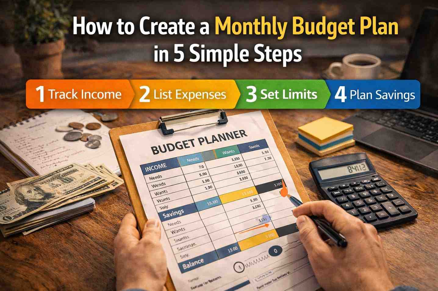 how to create a monthly budget plan in 5 simple steps with budget planner, calculator and money