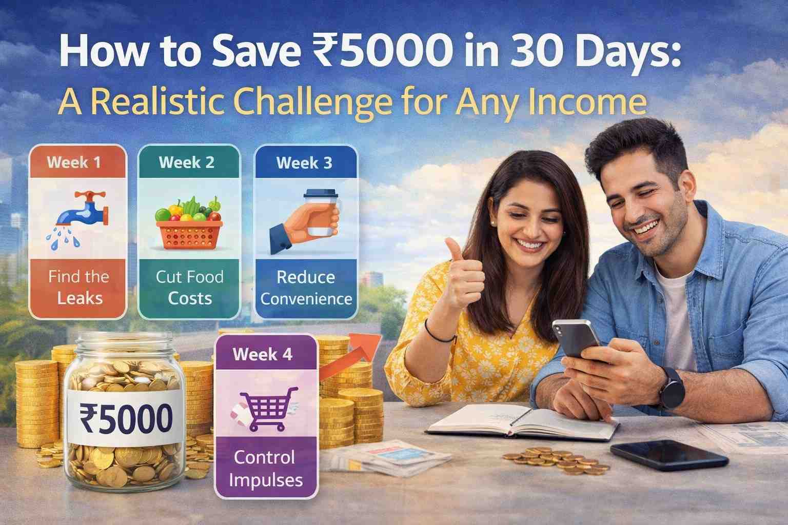 how to save ₹5000 in 30 days concept showing couple planning savings with notebook coins and budgeting steps
