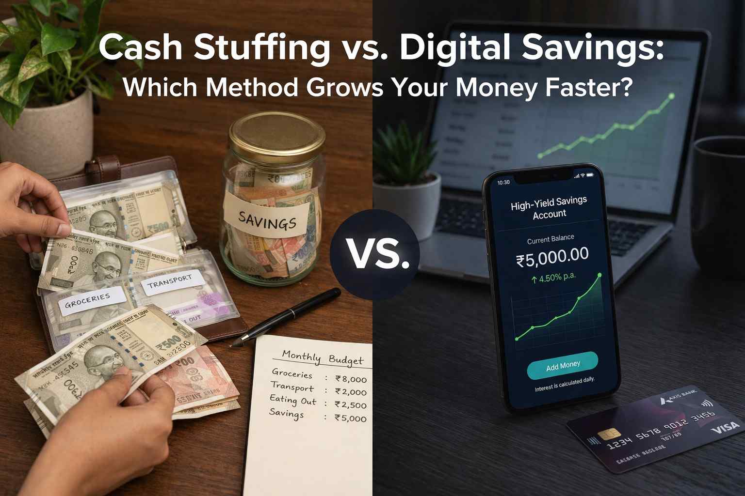 Cash Stuffing vs. Digital Savings comparison showing cash envelopes and digital savings app with financial growth