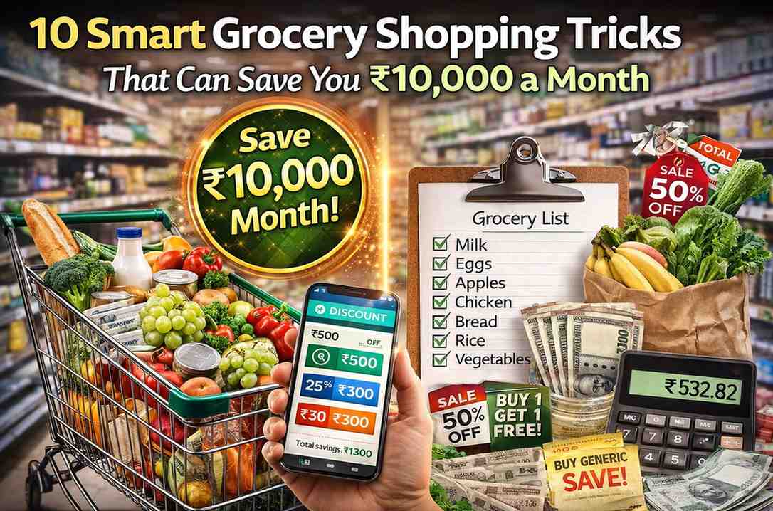 smart grocery shopping tricks showing grocery cart discount coupons and budget planning for saving money