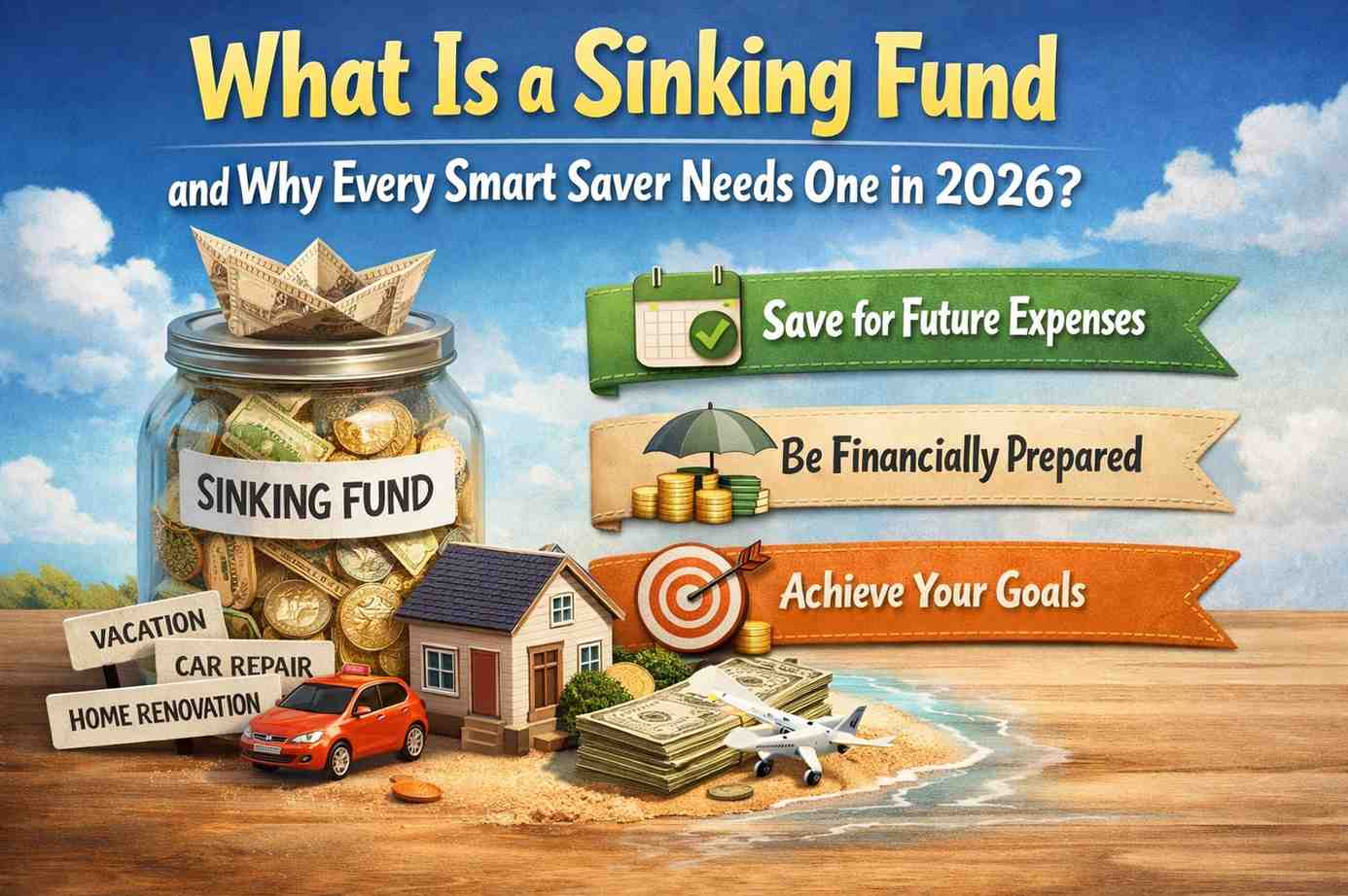 sinking fund concept showing savings jar with money and labeled goals for future expenses