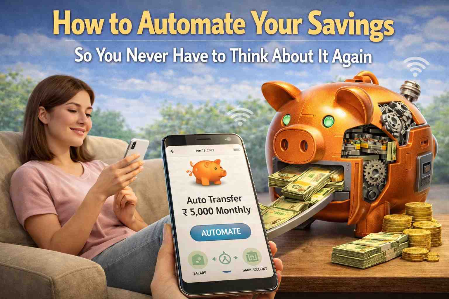 automate your savings concept showing mobile app auto transfer and effortless money saving system