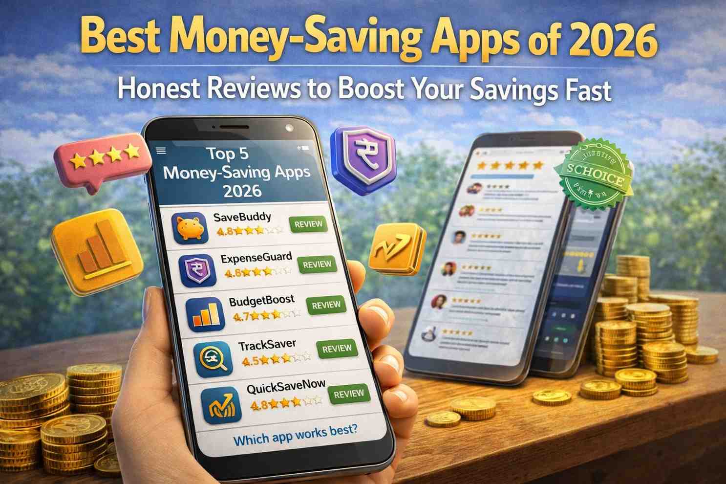best money-saving apps comparison on smartphone with ratings reviews and savings growth concept