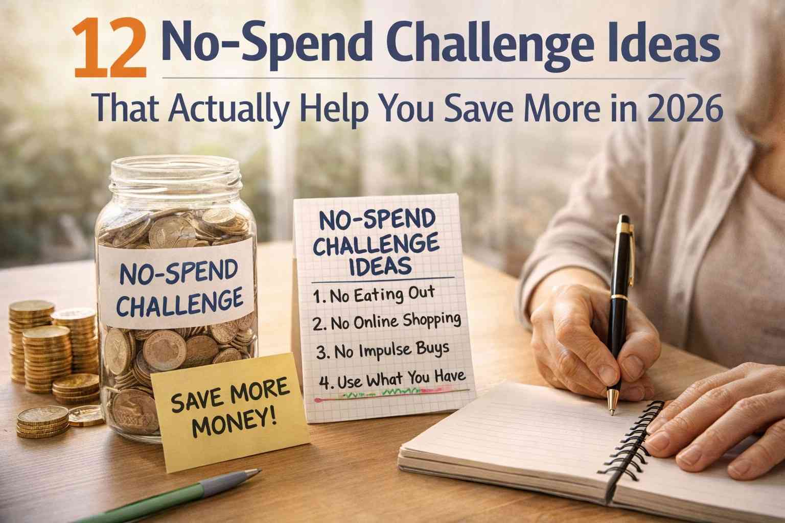 no-spend challenge ideas showing savings jar coins and budget planning in notebook