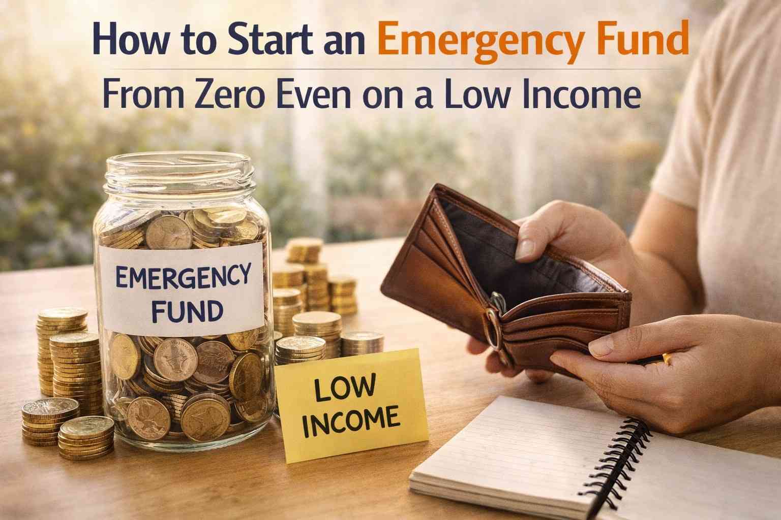 start an emergency fund concept showing savings jar coins and budget planning with notebook