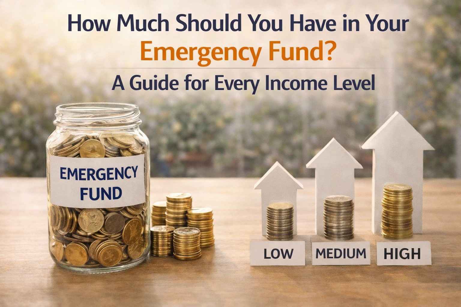 much should you have in your emergency fund concept showing savings jar coins and income level comparison