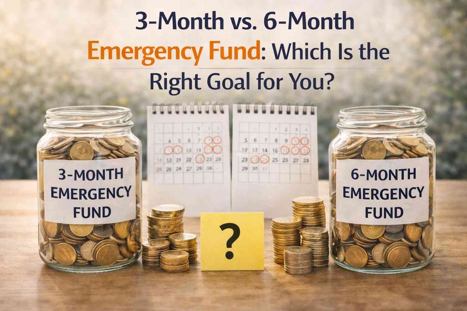 3 month vs 6 month emergency fund comparison showing two savings jars with coins and time based savings goals