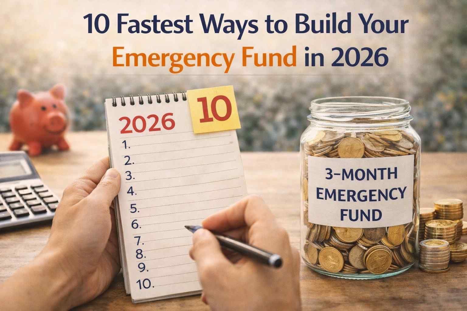 fastest ways to build your emergency fund concept with savings jar coins and step by step planning notebook