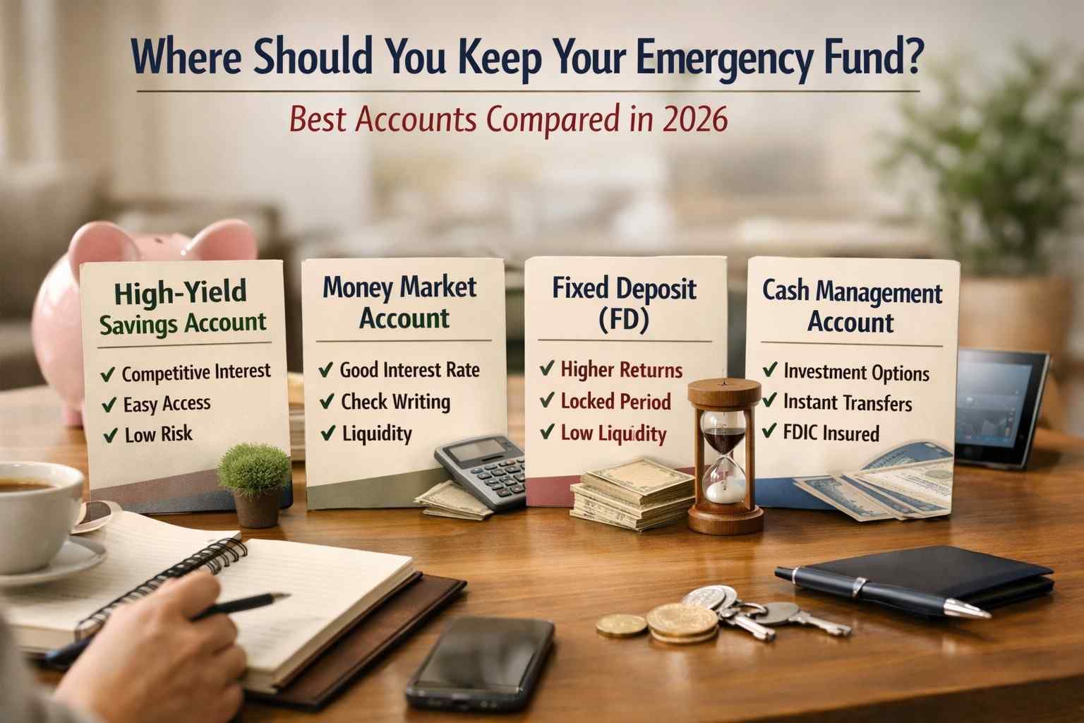 Where Should You Keep Your Emergency Fund shown with realistic comparison of savings accounts, FD, and money options in a home setting