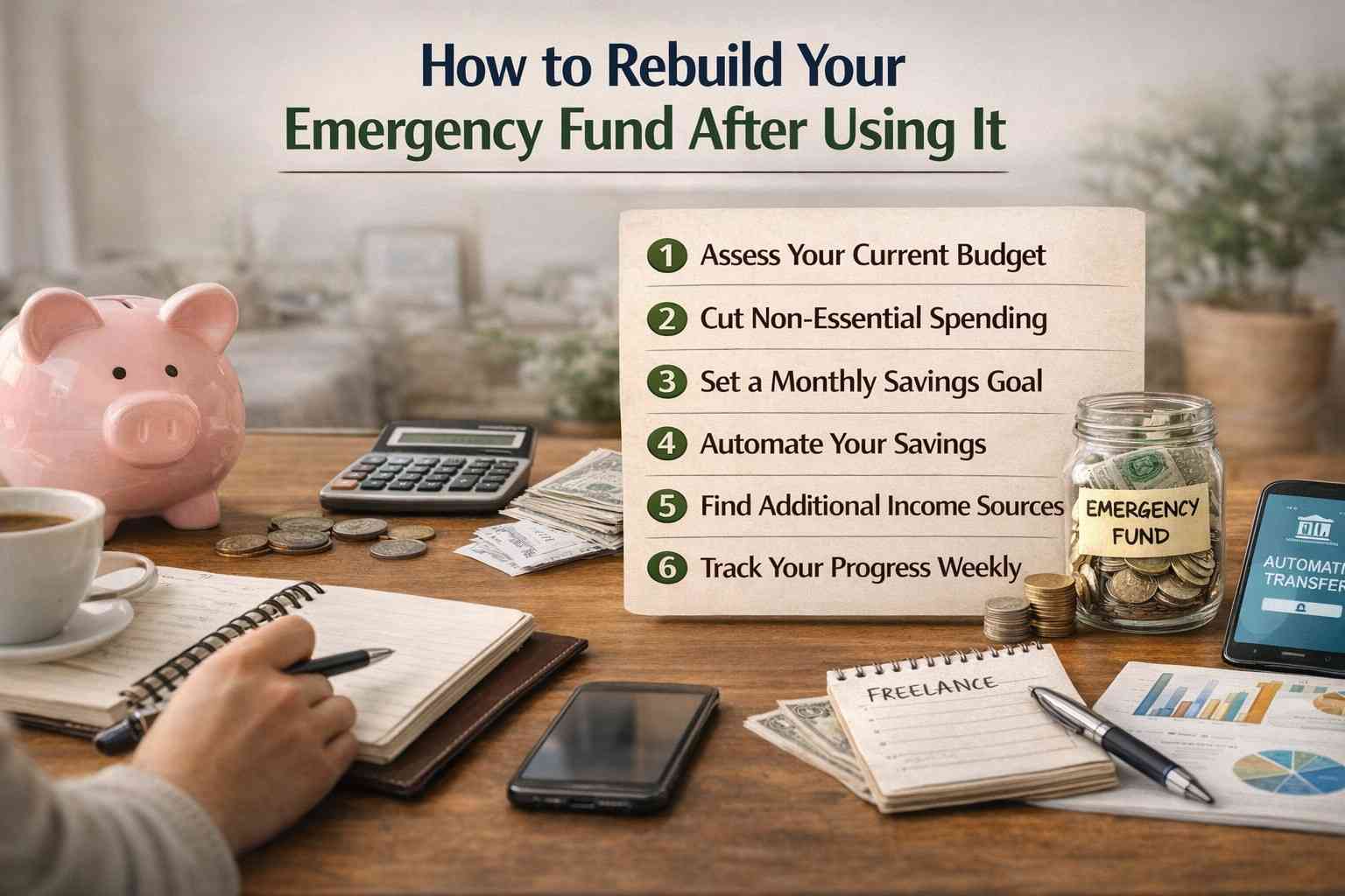Rebuild Your Emergency Fund shown with realistic savings plan, budgeting notes, and money jar setup in a home financial planning scene