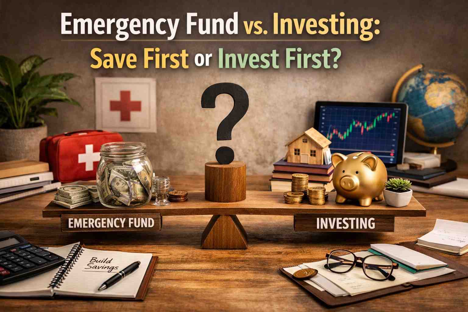 Emergency Fund vs Investing shown with realistic comparison of saving money jar and investment charts in a home financial planning setup
