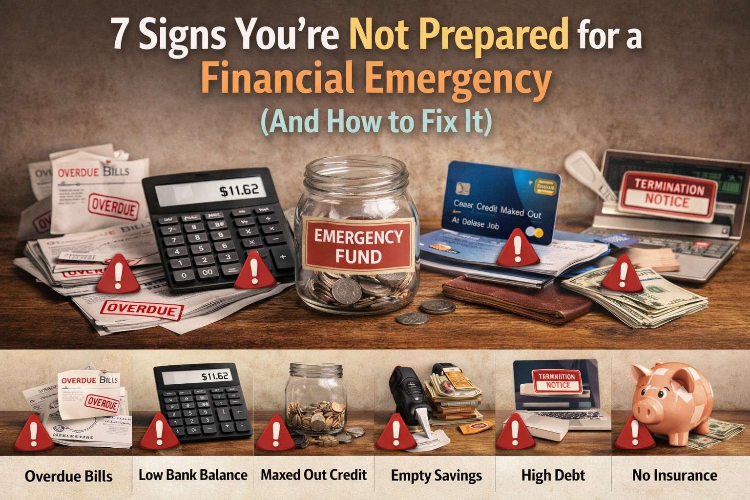 Not Prepared for a Financial Emergency shown with realistic scene of bills, low savings, debt and warning signs in a home finance setup