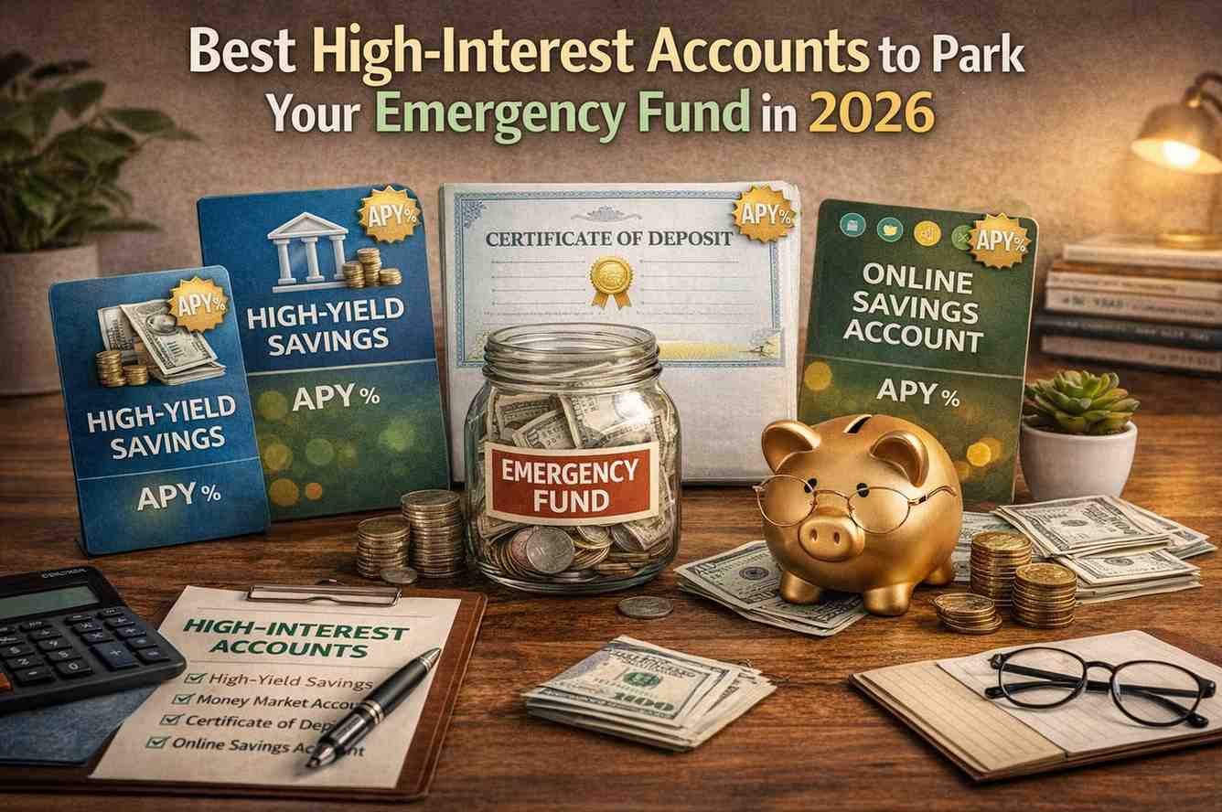 Best High-Interest Accounts shown with realistic savings options, piggy bank, and emergency fund setup in a financial planning scene