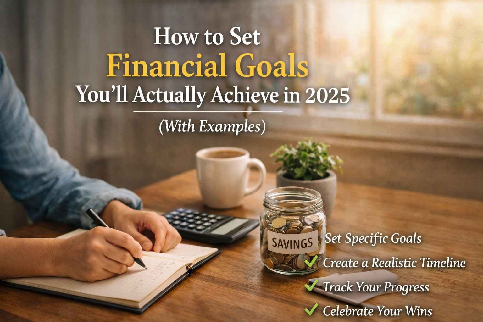 How to Set Financial Goals shown with realistic scene of writing plans, savings jar, and budgeting tools in a home workspace setup