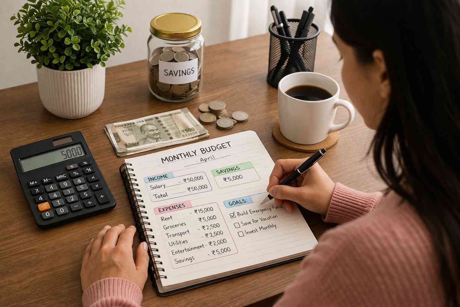 how to stick to a budget every month person planning monthly budget with notebook calculator and savings jar