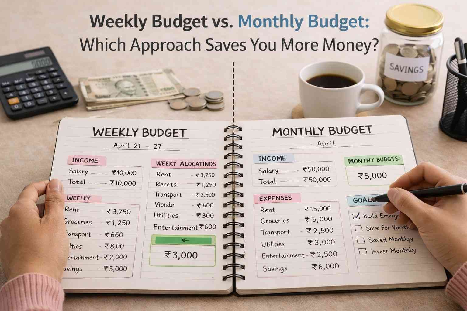 Weekly Budget vs. Monthly Budget comparison showing notebook planning expenses and savings side by side