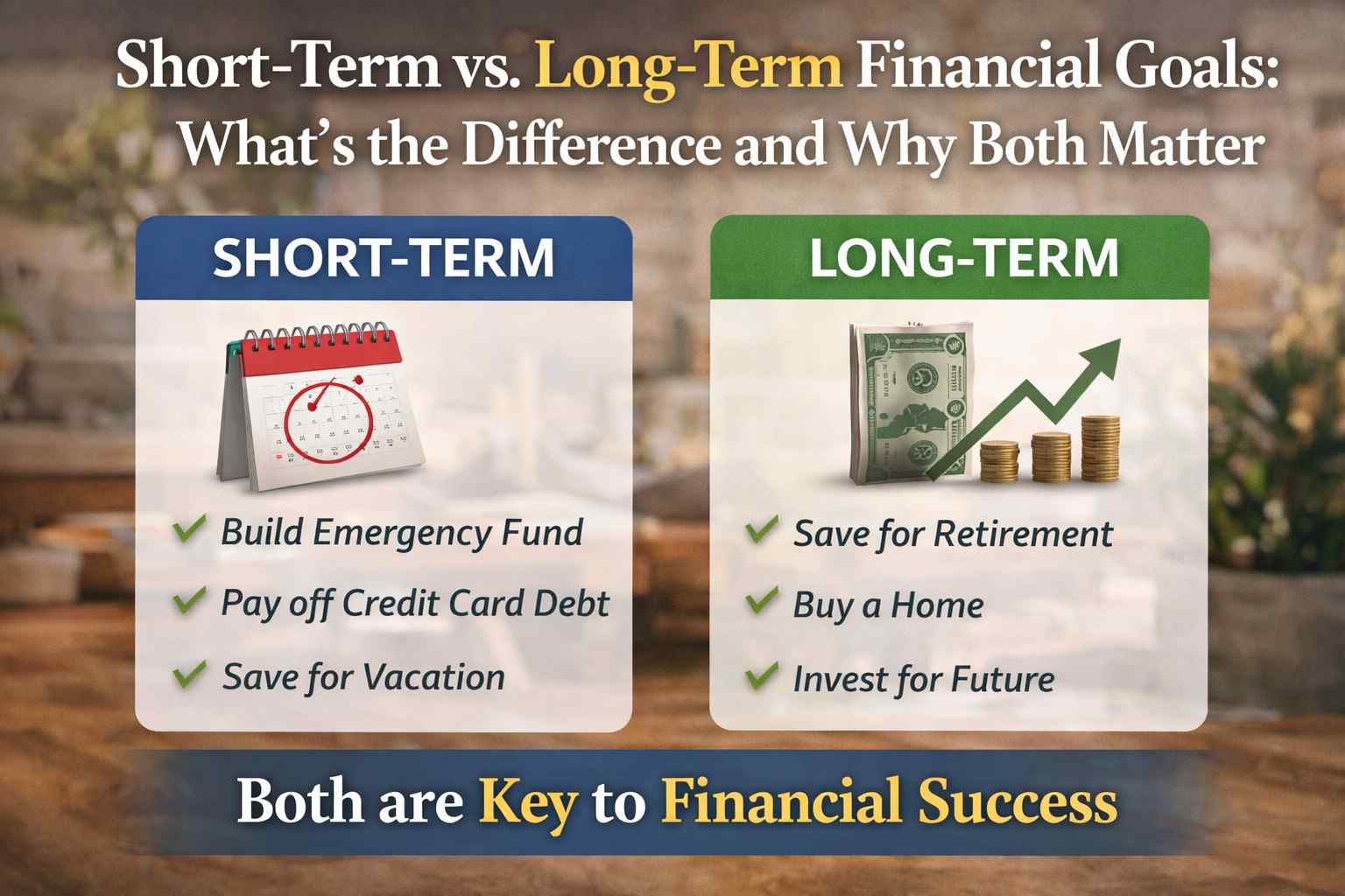 Short-Term vs. Long-Term Financial Goals explained with realistic comparison of savings, debt, and investment planning in a clean visual