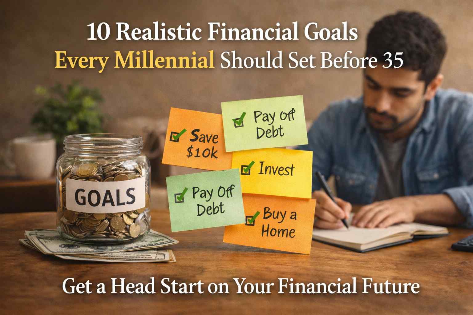 Realistic Financial Goals shown with modern lifestyle, savings planning, and money targets for millennials in a practical financial setup