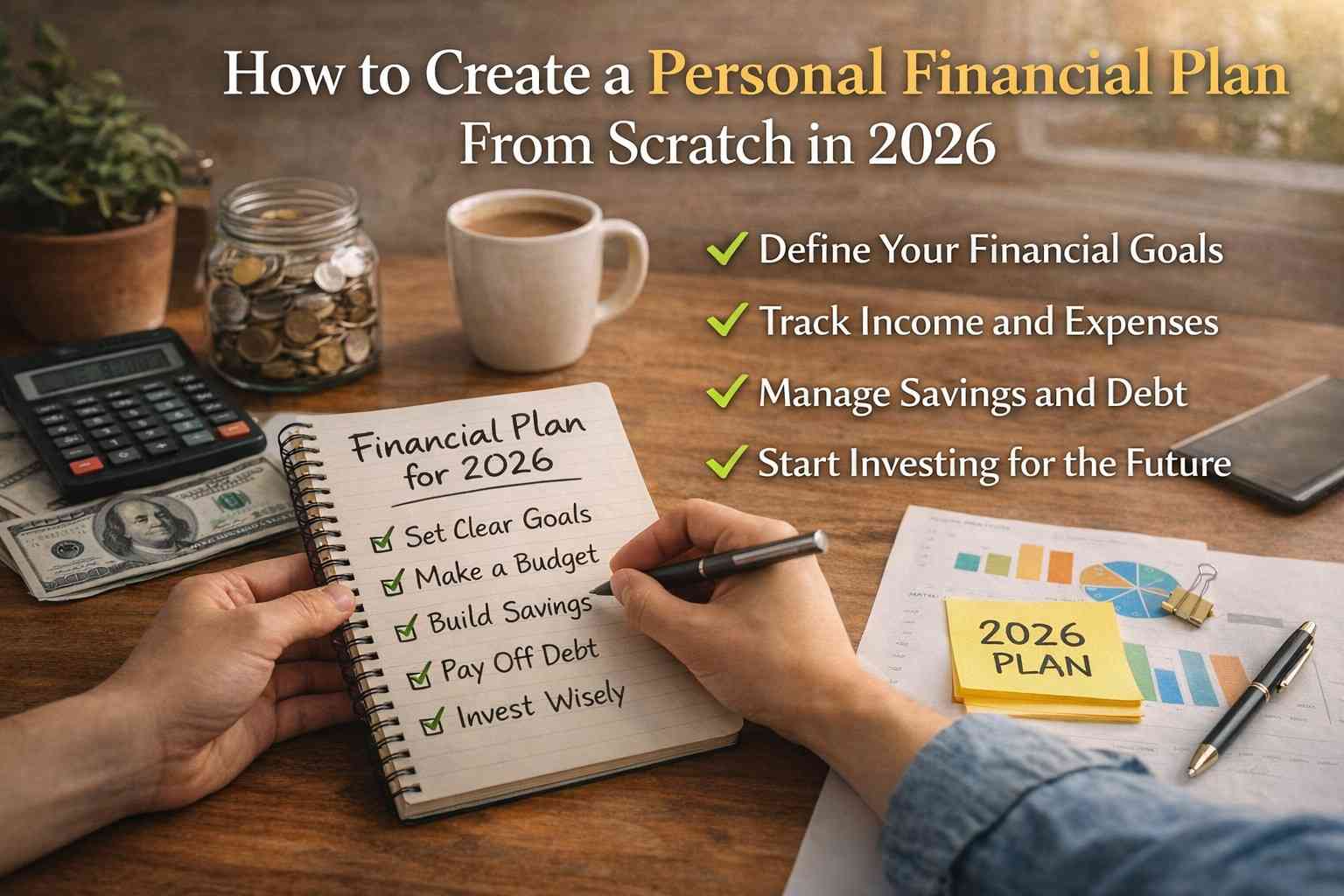 How to Create a Personal Financial Plan shown with realistic budgeting, savings notes, and financial planning tools on a clean desk setup