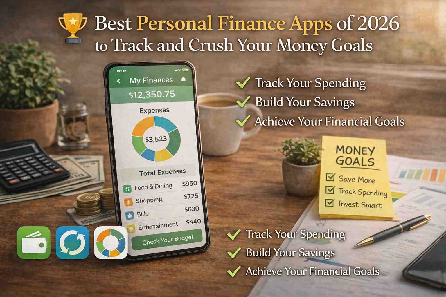 Best Personal Finance Apps shown with smartphone budget tracking, expense charts, and savings planning tools in a realistic desk setup