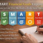 SMART Financial Goals explained with realistic planning scene, notebook writing, and goal setting framework for building wealth effectively
