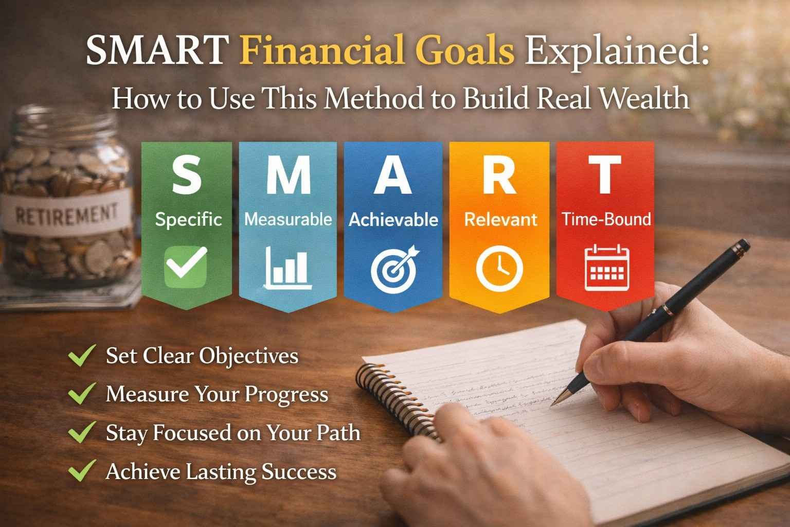 SMART Financial Goals explained with realistic planning scene, notebook writing, and goal setting framework for building wealth effectively