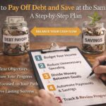 Pay Off Debt and Save at the Same Time shown with realistic budgeting, debt notes, and savings jar in a clean financial planning setup