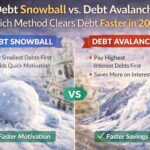 Debt Snowball vs. Debt Avalanche shown with realistic comparison of debt payoff methods, charts, and budgeting notes in a clean setup
