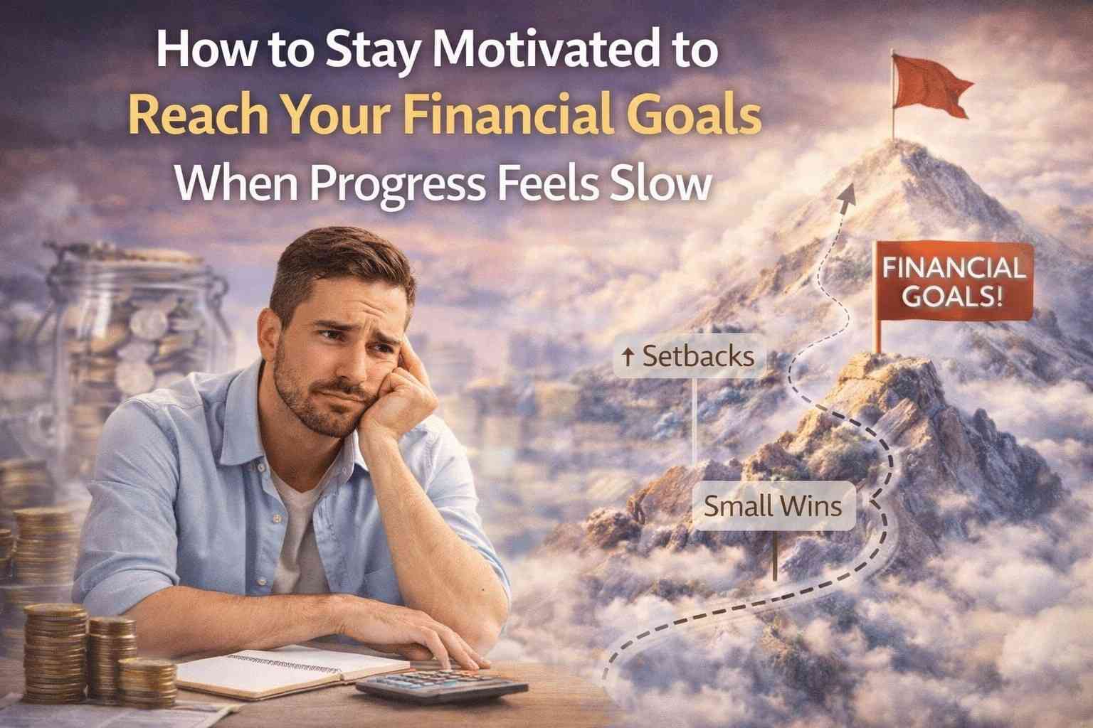 Stay Motivated to Reach Your Financial Goals shown with realistic planning, progress tracking, and savings setup in a calm workspace
