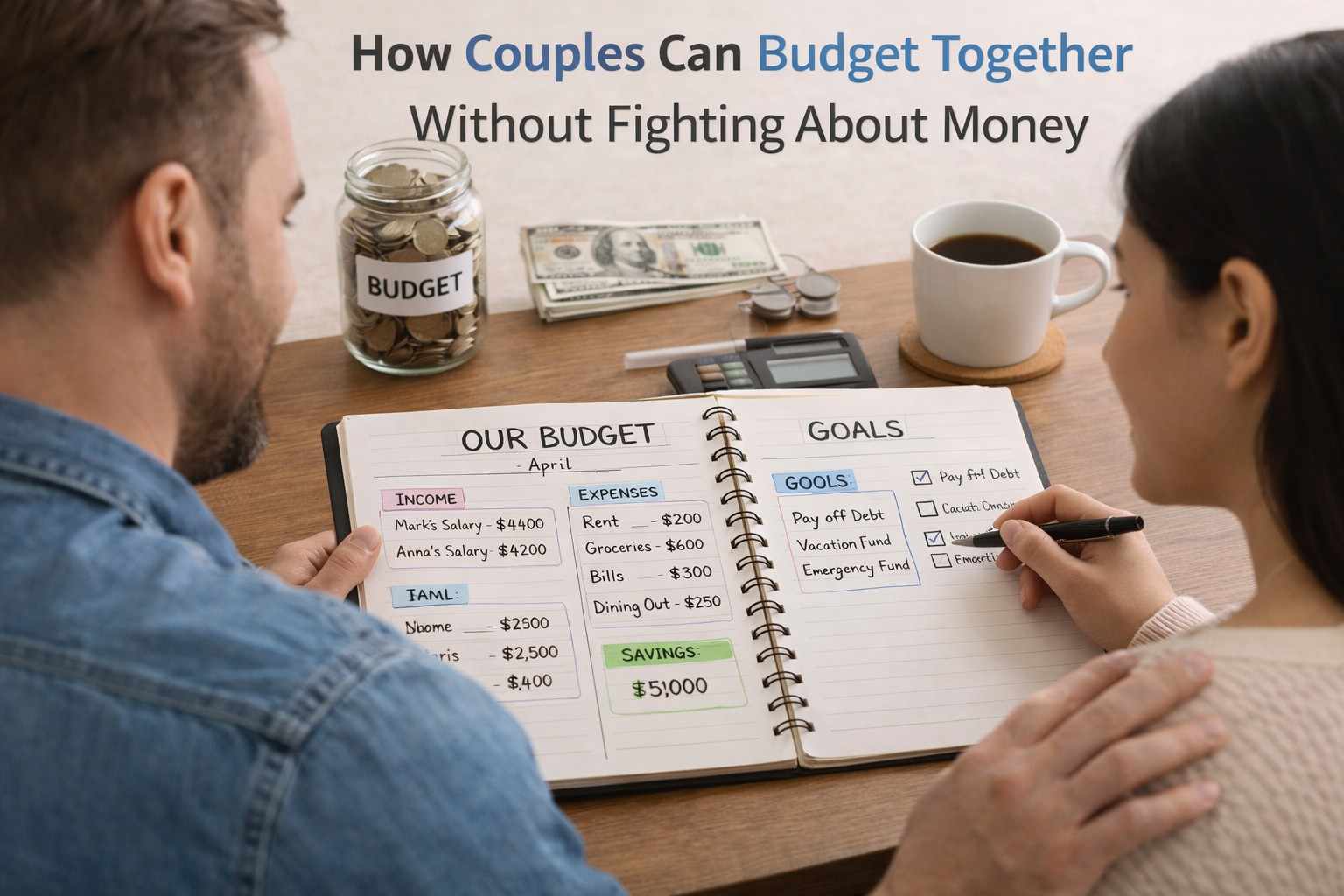 couple learning to budget together without fighting while planning expenses with notebook calculator and savings jar