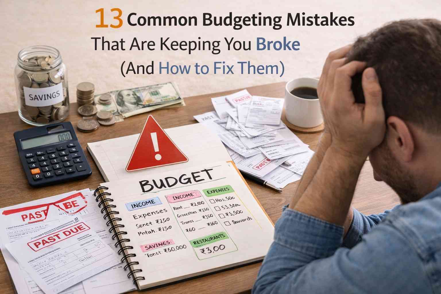 common budgeting mistakes shown with person struggling to manage expenses using notebook bills and calculator in a realistic setup