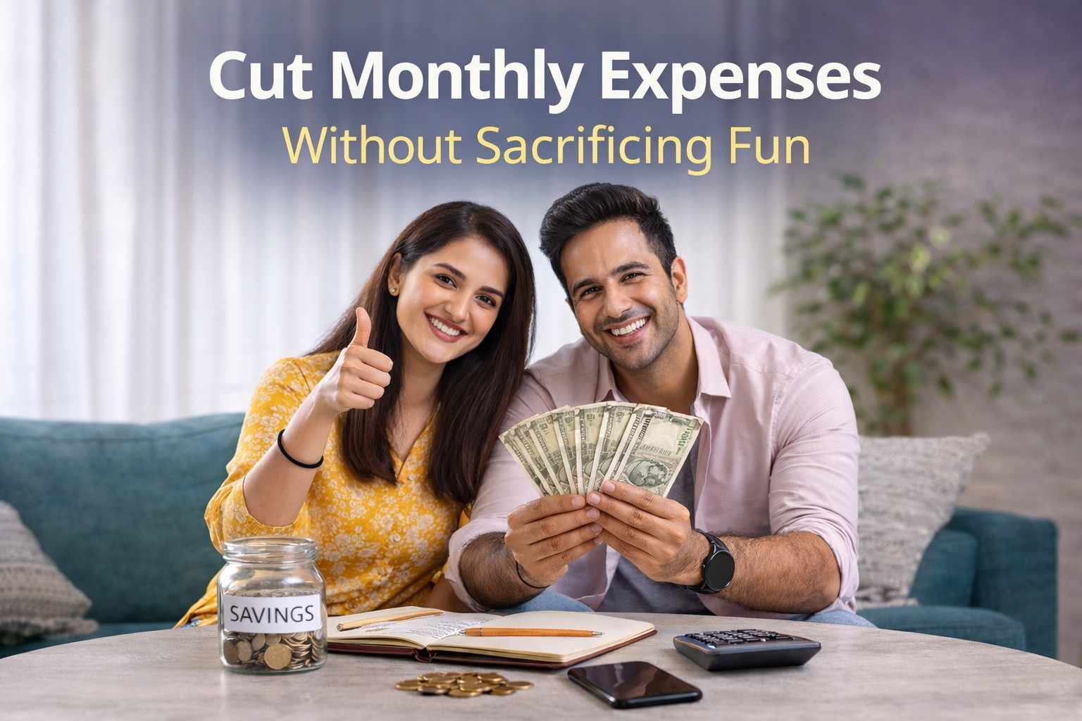 cut monthly expenses without sacrificing fun concept with couple saving money using indian currency and budget planning at home