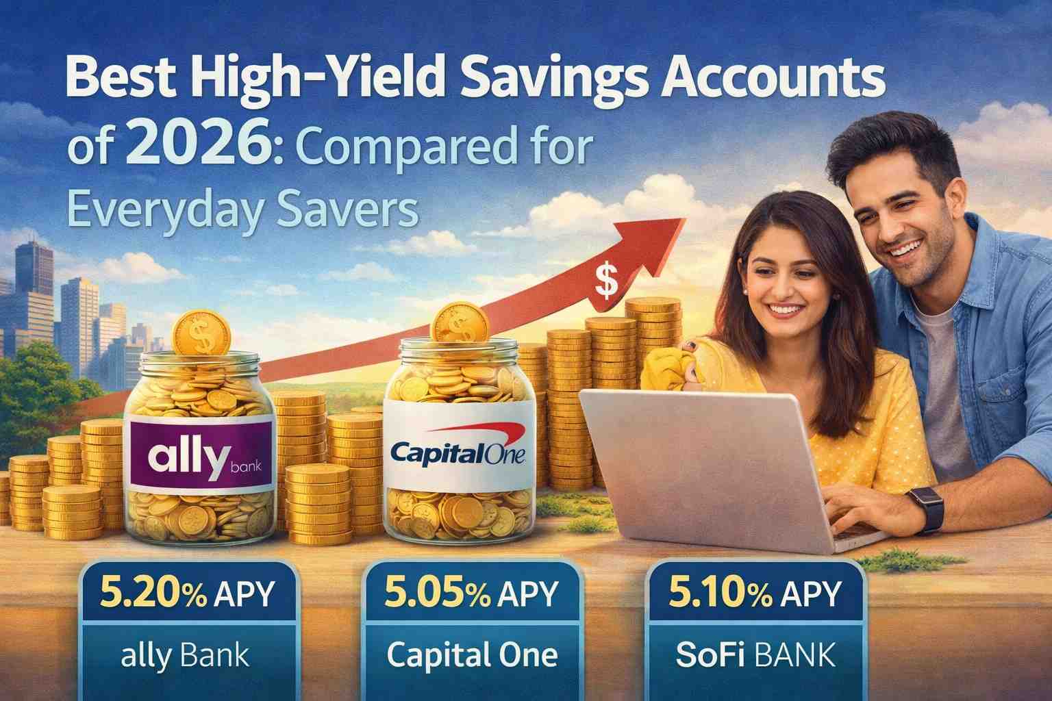 best high-yield savings accounts comparison concept with savings jars coins and couple managing finances on laptop