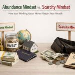 A clean and realistic comparison scene showing financial growth and struggle, representing Abundance Mindset vs. Scarcity Mindset through objects like cash savings, investment jar, house model, and an empty wallet with debt notes.