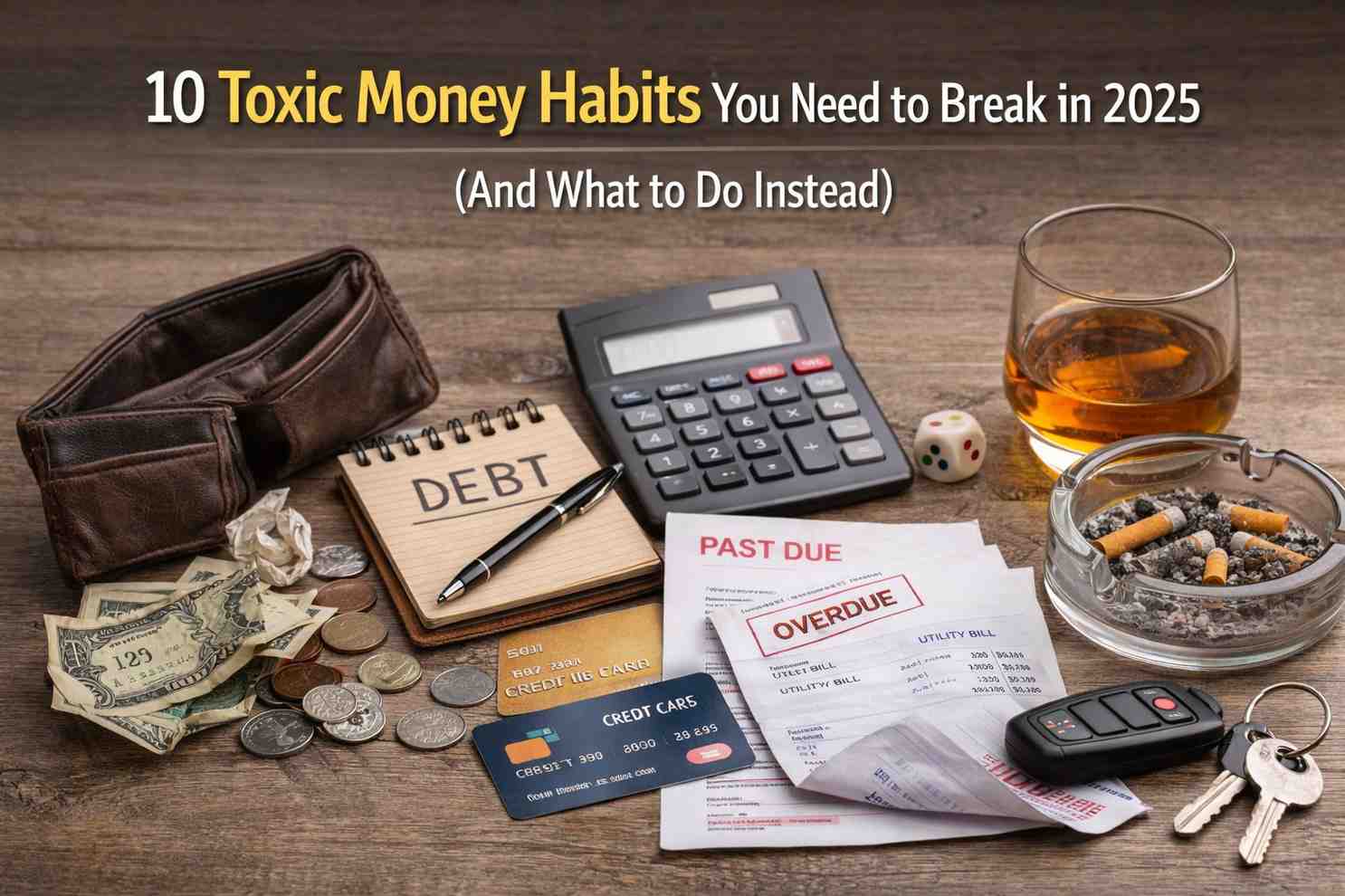 A clean and realistic financial scene showing debt notes, calculator, credit cards, and an empty wallet, representing Toxic Money Habits and the impact of poor financial decisions in everyday life.