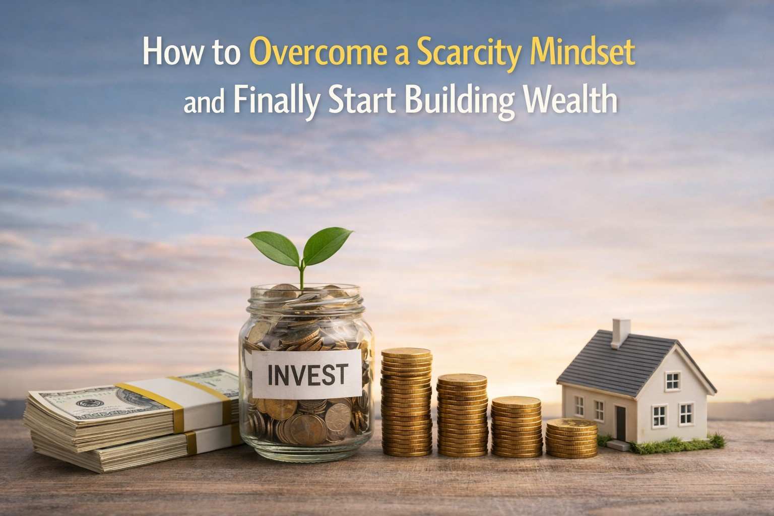A clean and realistic scene showing a jar of savings with a growing plant, stacked coins, and a house model, symbolizing financial growth and the journey to Overcome a Scarcity Mindset and build long-term wealth.