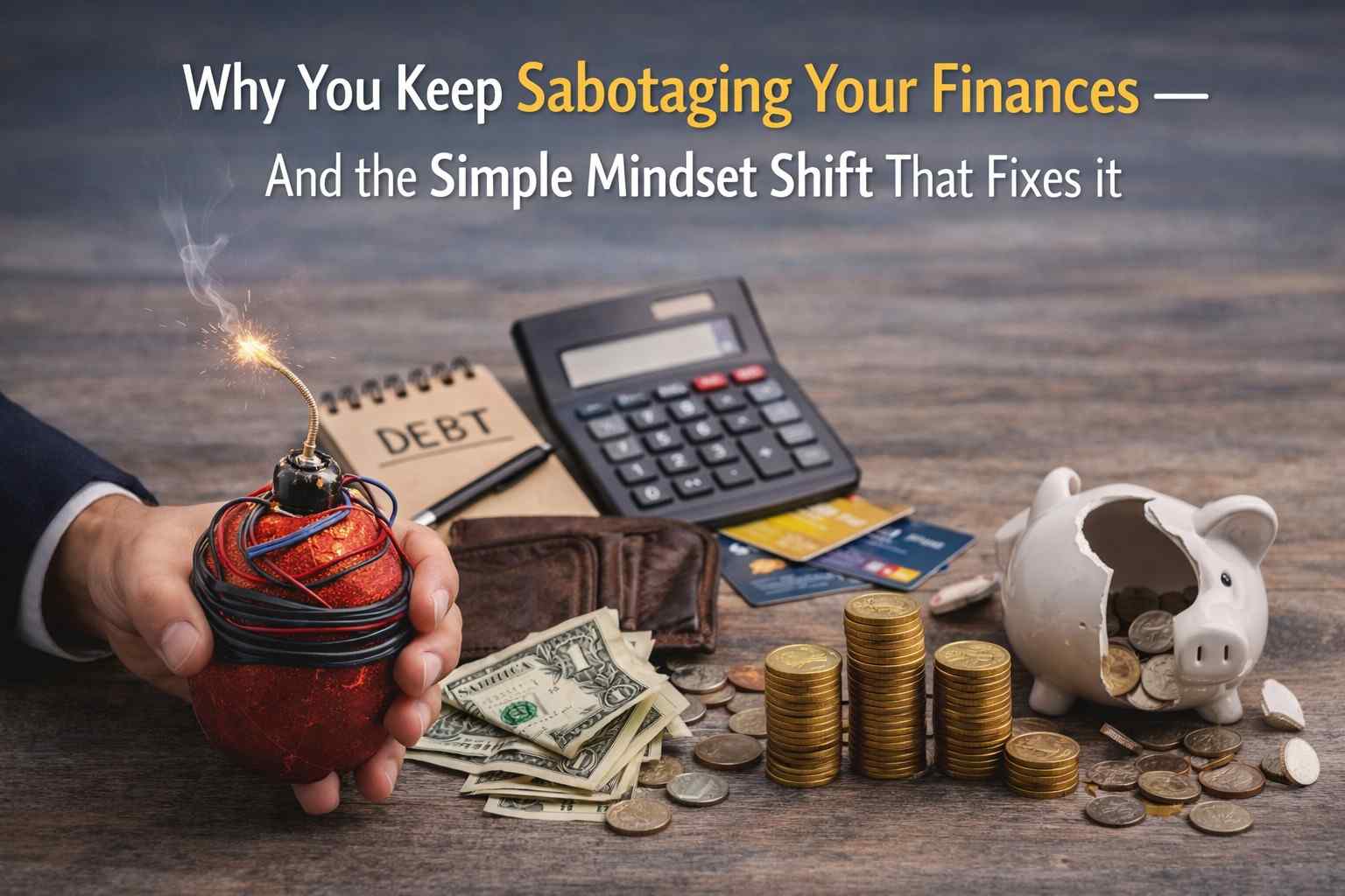 A realistic scene showing a broken piggy bank, scattered cash, credit cards, and a symbolic explosive object, representing Sabotaging Your Finances and the impact of harmful money habits on financial stability.