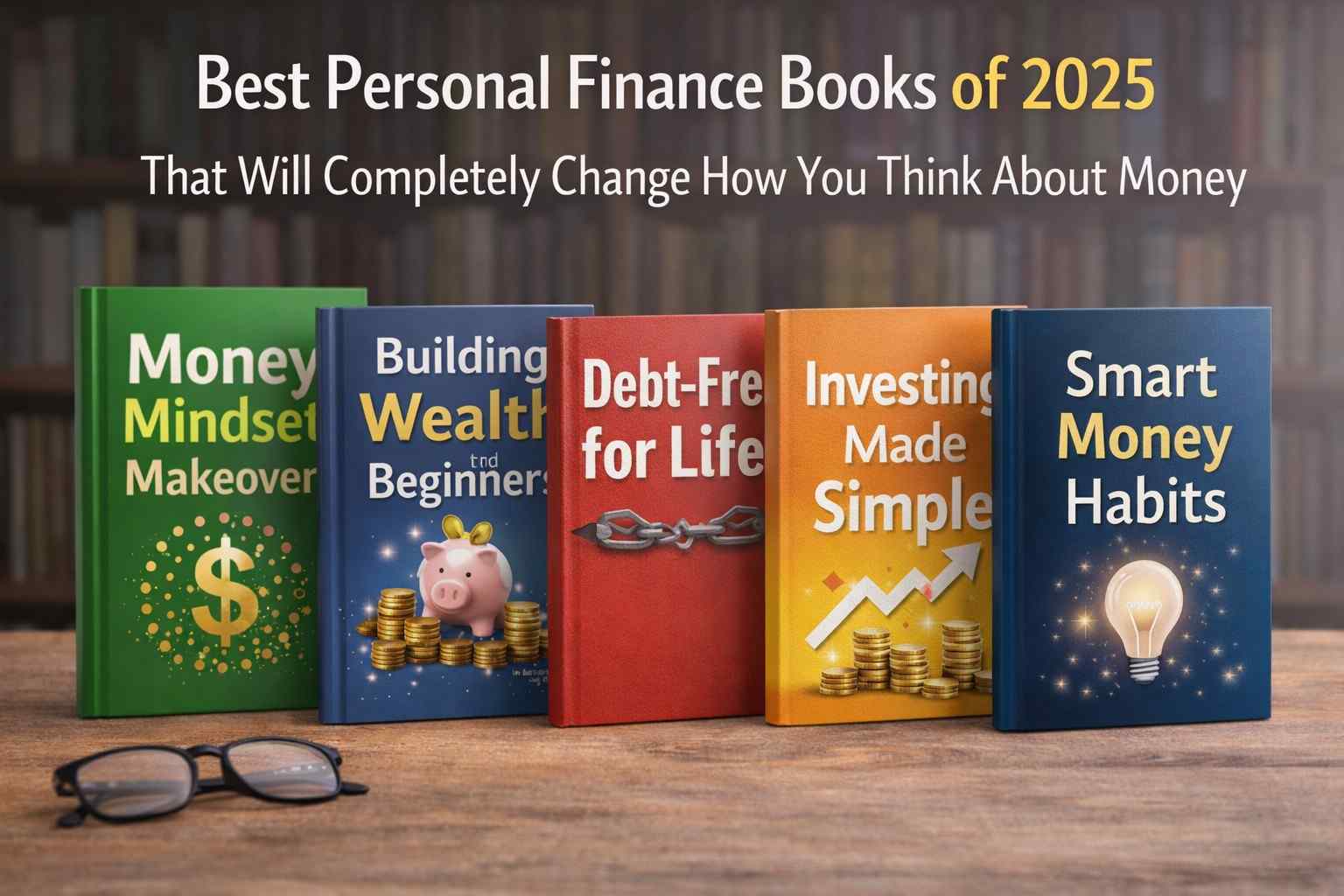 A clean and realistic bookshelf scene displaying popular Personal Finance Books with colorful covers, symbolizing learning, money management, and improving financial mindset.