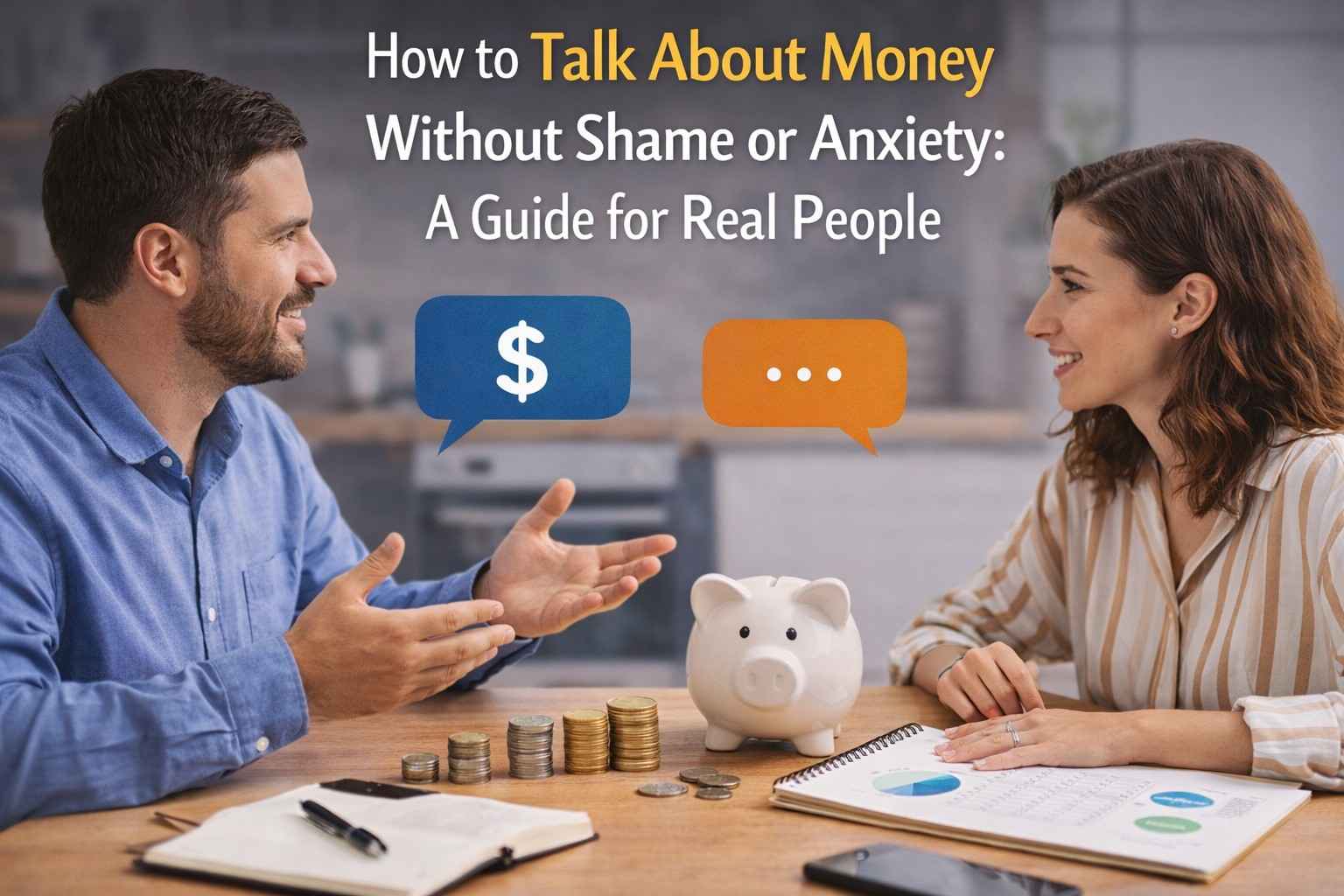 A clean and realistic scene of two people having an open financial discussion with coins, a piggy bank, and a budget notebook, representing how to Talk About Money Without Shame or Anxiety in a comfortable and practical way.