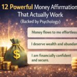 A clean and visually engaging scene with gold coins, a money bag, and positive statements, representing Money Affirmations That Actually Work and the power of mindset in improving financial confidence.