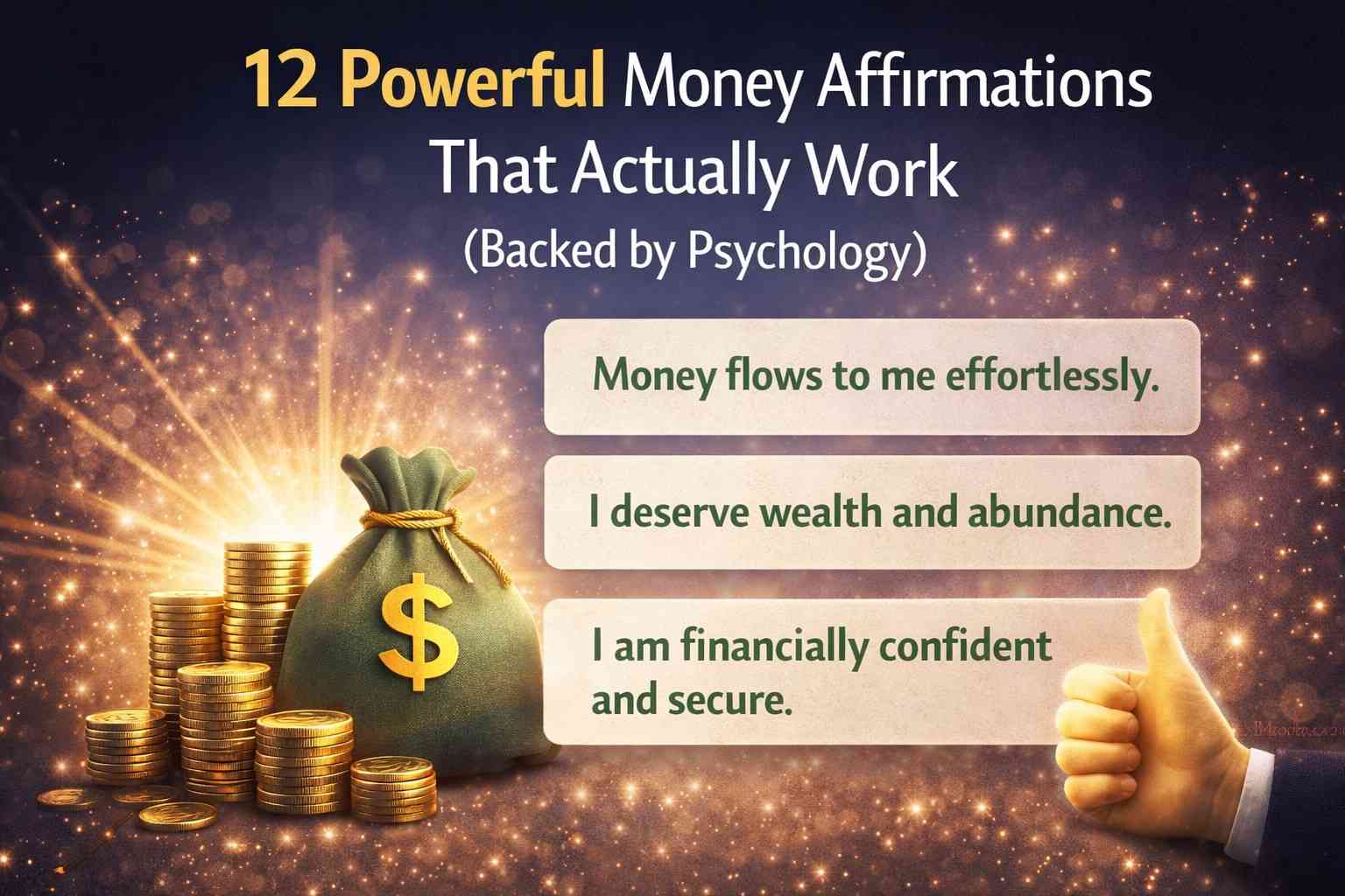 A clean and visually engaging scene with gold coins, a money bag, and positive statements, representing Money Affirmations That Actually Work and the power of mindset in improving financial confidence.