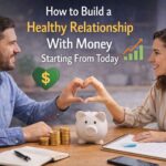 A clean and realistic scene of a couple discussing finances with a piggy bank and coins on the table, representing how to build a Healthy Relationship With Money through communication and smart habits.