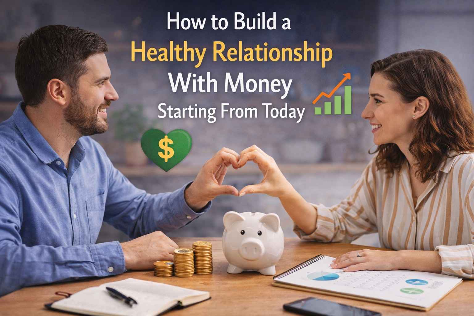A clean and realistic scene of a couple discussing finances with a piggy bank and coins on the table, representing how to build a Healthy Relationship With Money through communication and smart habits.