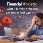 A realistic scene showing a stressed person reviewing bills and finances with a laptop and calculator, representing Financial Anxiety and the pressure of managing money in daily life.