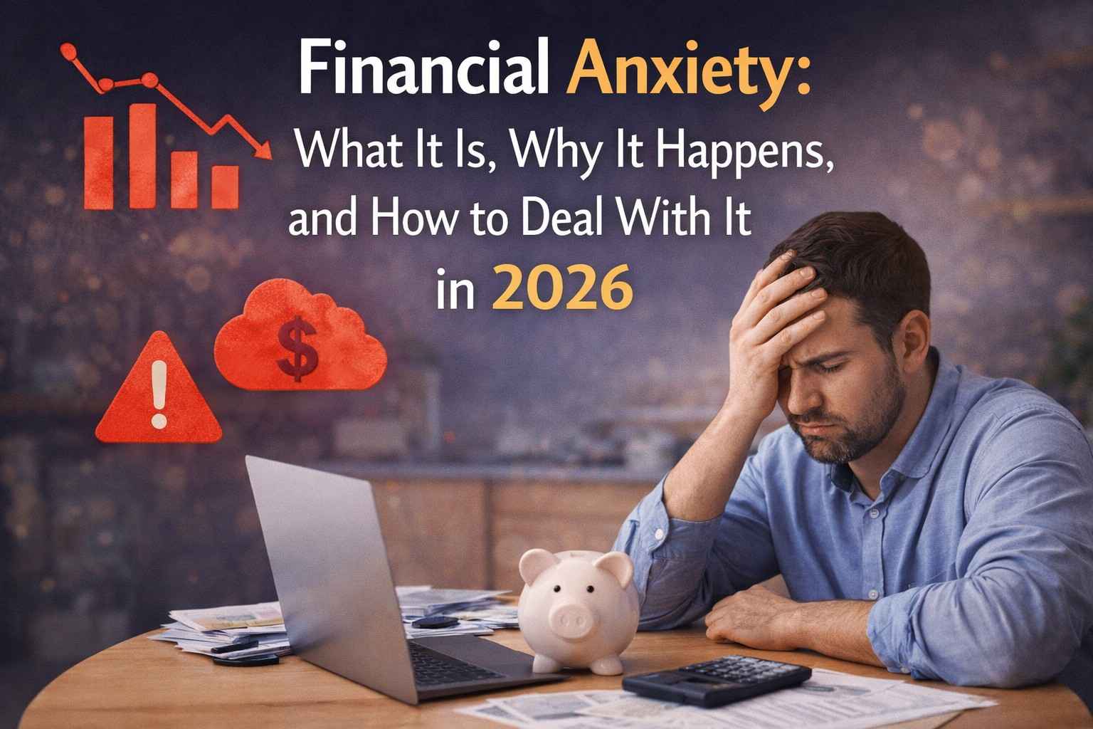 A realistic scene showing a stressed person reviewing bills and finances with a laptop and calculator, representing Financial Anxiety and the pressure of managing money in daily life.